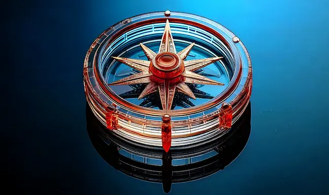 A compass made of crystal clear, transparent, glass representing the idea of Business Navigator.